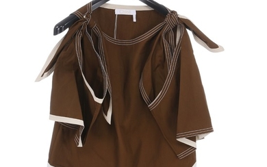 Chloé: A brown top with white stitching and trims, a rounded neckline and cut out details and bows on the sleeves. Size 40 FR)