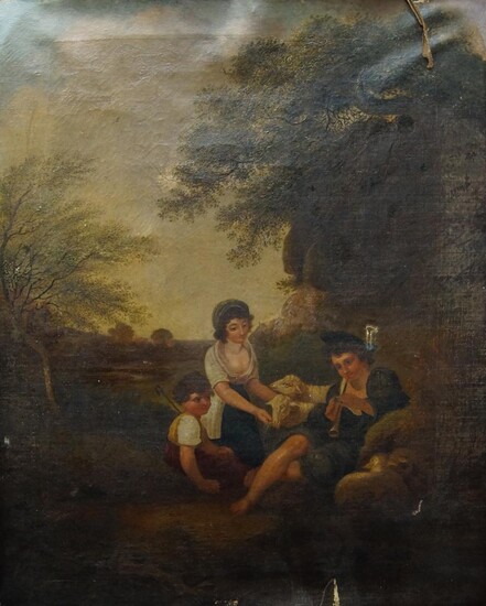 Circle of George Morland, British 1763-1804- A piping shepherd with his family and sheep in a wooded landscape; oil on canvas, 68.5 x 53.5 cm., (unframed). Provenance: Private Collection, UK.