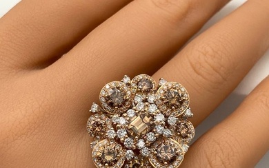 Cognac Diamond & White Diamond Flower Ring, 18k