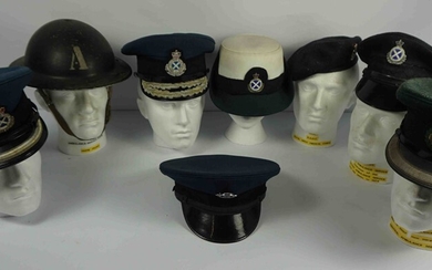 Collection of WWII and Later Ambulance Service Helmet and Caps, To include a WWII Home Front Steel