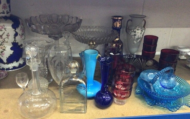 Collection of antique and later glassware, including cut cranberry glasses, decanters, etc