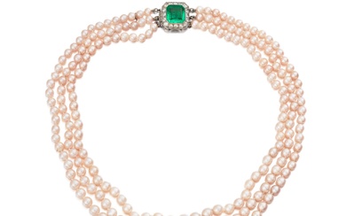 Collier perles fines et émeraude | Natural pearl and emerald necklace