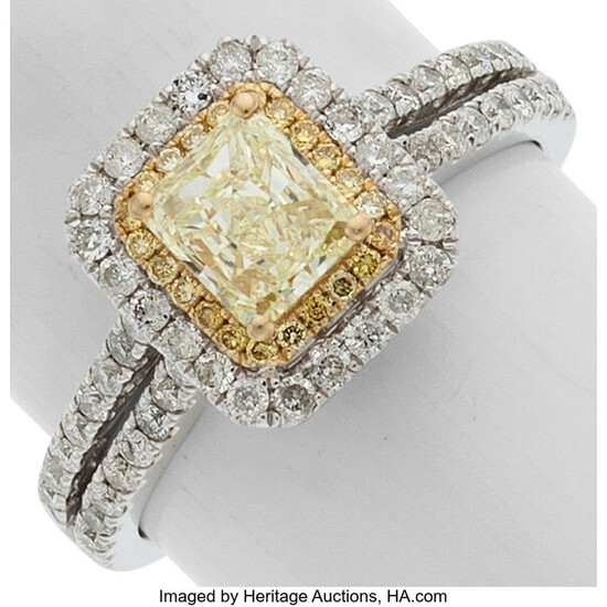 Colored Diamond, Diamond, White Gold Ring Stones: Square-cut yellow...