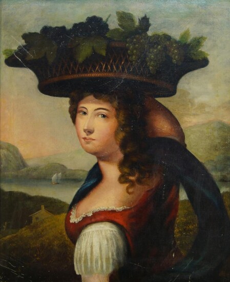 Continental School, mid 19th century- A lady with a basket of fruit on her head, a hilly landscape with a lake beyond; oil on canvas, 75.5 x 63.2 cm. Note: The present work is comparable in subject and on stylistic ground to 'A Lady with a Basket...