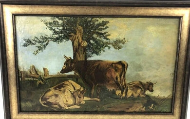 Cows in Pasture Oil on canvas laid on board