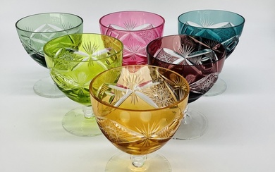 Crystal wine bowls on a low stem. Bohemia. Beginning of the last century. Very rare form, handmade, fine, fine carving