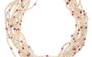 Cultured pearl & red paste necklace