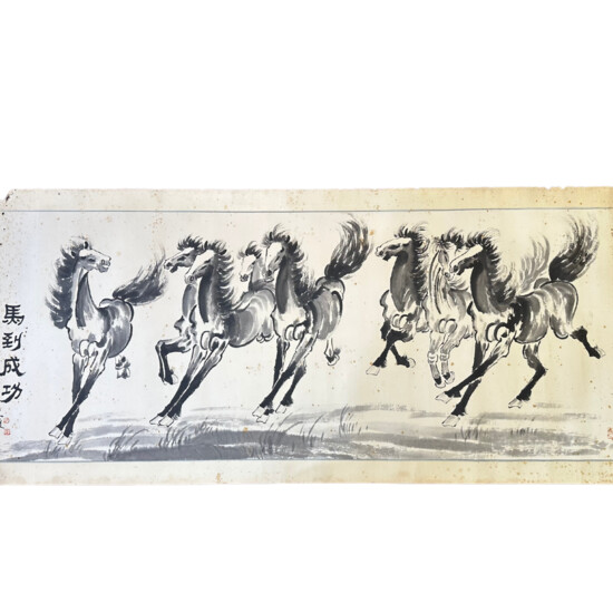 黛援 水墨画 八骏图 DAI YUAN CHINESE INK PAINTING GALLOPING HORSES