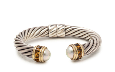 DAVID YURMAN, STERLING SILVER, YELLOW GOLD, CULTURED PEARL AND CITRINE 'CABLE CLASSIC' CUFF BRACELET