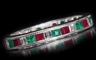 DIAMOND, RUBY AND EMERALD ETERNITY RING