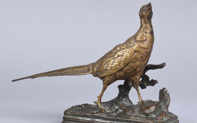 DUBUCAND Alfred (1828-1894) (D'après) "Faisan" Sujet en bronze à patines brune et dorée signé sur...