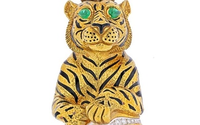 David Webb Platinum & 18K Yellow Gold Black Striped Tiger with Emerald Ruby Pearl Brooch