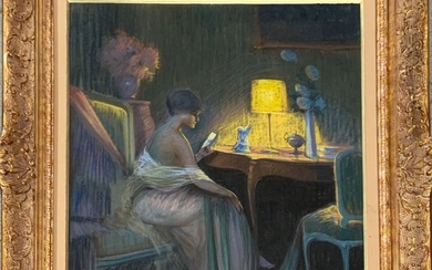 Delphin ENJOLRAS (1865-1945) "Jeune femme à sa lecture" Technique mixte signée 2 fois à droite...