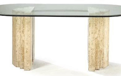 Dining table on two polyhedral marble legs and chrome