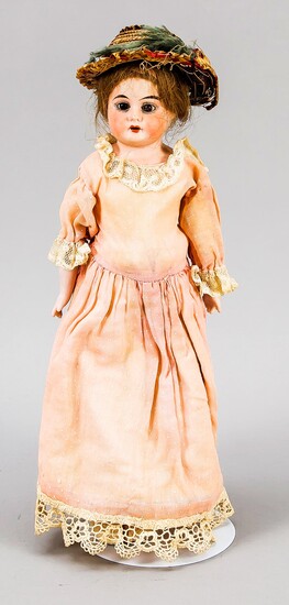 Doll, Heubach, 1st half of the 20th century, fabric body with head and extremities made of colored bisque porcelain, shoulder with horseshoe mark, real hair wig and glass eyes, used, h. 36 cm