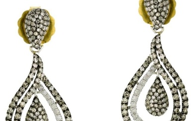 Drop Shape Earrings with White & Black Diamonds Made in 18k Gold & Silver