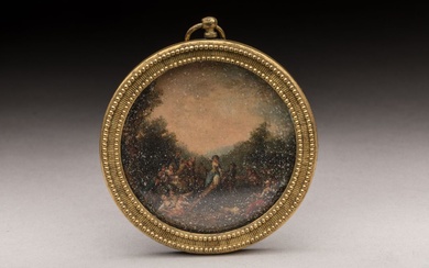 ECOLE FRANCAISE fin XVIIIème siècle. La poutre à bascule. Miniature sur cuivre. D. 6,5 cm....
