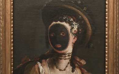 ÉCOLE VÉNITIENNE 18E SIÈCLE Portrait d'une jeune femme vêtue d'une moretta, robe jaune, avec des...