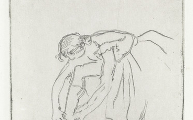 EDGAR DEGAS Danseuse mettant son chausson. Etching, circa 1892. 179x117 mm; 7x4 3/4...