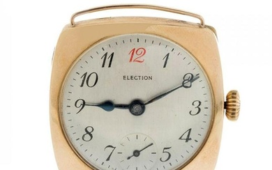 ELECTION watch case in 18kt yellow gold, ref. 149617. Quadrangular case with circular dial in white.