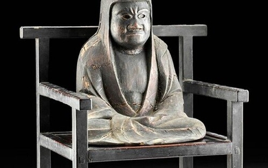 Early 20th C. Japanese Wood Chair + Seated Daruma