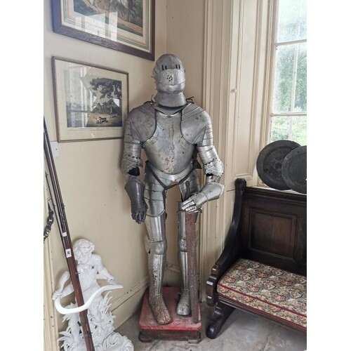 Early 20th. C. metal suit of armour on stand { 194cm H X 72c...