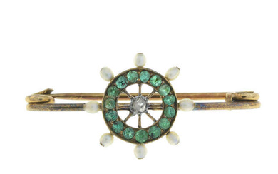 Early 20th century gold emerald, pearl & diamond helm brooch