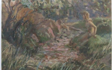 Early 20thC oil on canvas "Naked lady by stream"...