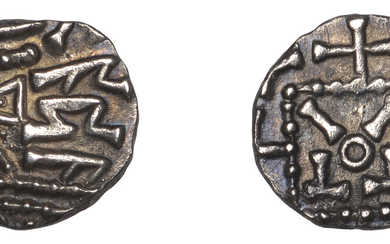 Early Anglo-Saxon Period, Sceatta, Primary series C2, radiate head right with pyramid...