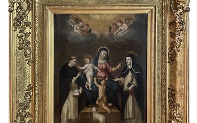 *Ecole XVIIIe. Notre Dame du Rosaire, Marie entre Saint Dominique et Sainte Catherine de Sienne....