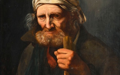 Ecole belge vers 1830 Portrait de vieillard au turban tenant un bâton de la main...