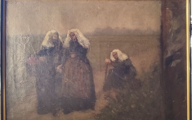 École bretonne Ensemble comprenant deux huiles sur panneau "Femmes endormies" et "Deux femmes attablées" et...