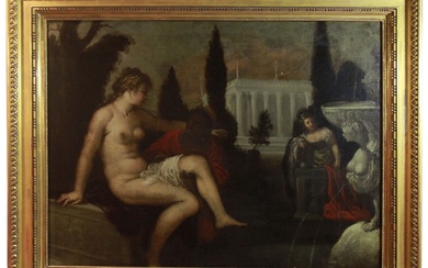 École vénitienne '1600', "Bathsheba à son bain", Huile sur toile, (H : 80cm, L :...