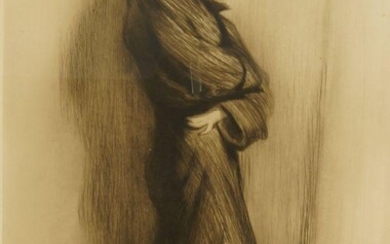 Edgar Chahine, French 1874-1947- Woman in a long coat; etching, signed in pencil lower left, 50 x 35.3 cm