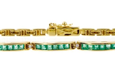 Emerald and diamond bracelet with three bands of calibre cut emeralds in channel setting interspaced by two small diamonds on articulated 14ct gold links, 19cm.