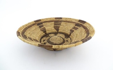 Ethnographic / Native / Tribal: A woven basket bowl with geometric banded detail, possibly Native
