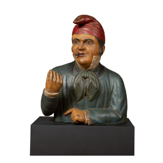 FINE AND RARE CARVED AND POLYCHROME PAINT-DECORATED PINE COMICAL TOBACCONIST BUST TRADE FIGURE, ATTRIBUTED TO THE SAMUEL ROBB WORKSHOP, NEW YORK, CIRCA 1880