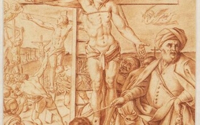 FLEMISH ARTIST, 17th CENTURY Crucifixion Red chalk on brown paper,...