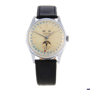 FORTIS - a gentleman's nickel plated triple date moonphase wrist watch.