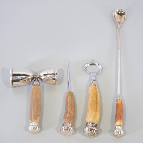FOUR-PIECE STERLING SILVER AND HORN BAR TOOL SET