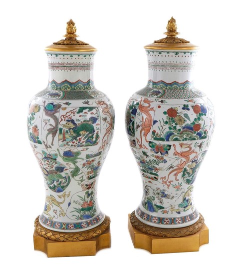 Fine pair Chinese export gilt-bronze mounted porcelain vases (2pcs)
