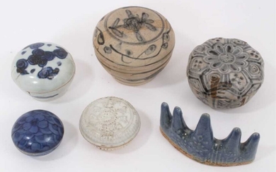 Five Chinese porcelain boxes and a brush rest