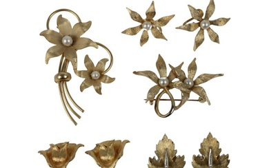 Five Gold Tone Pearl Rhinestone Flower Leaf Earrings & Brooch Pins
