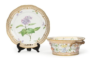 “Flora Danica”. Royal Copenhagen porcelain fruit basket and dish with pierced rim,...