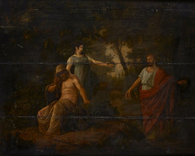 Follower of Angelika Kauffman, RA, Swiss 1741-1807- Antigone implores Theseus to let Oedipus die and be buried in the town of Colonus; oil on panel, bears signature and date 'C. Kruseman 1850' (lower right), 69.5 x 85 cm. Provenance: Private...