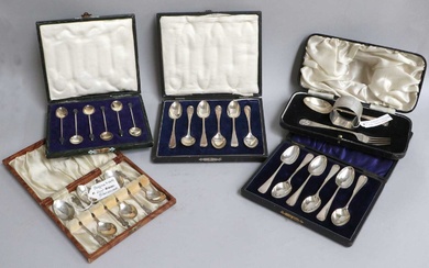 Four Cased Sets of Silver Coffee-Spoons, one set of six...