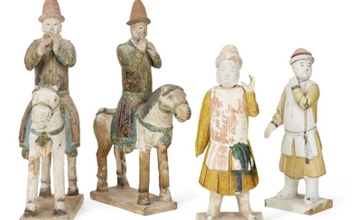 Four Chinese glazed pottery tomb figures, Ming dynasty, with a pair of horses and riders and two standing attendants, all with glazed robes and painted facial features, 27.5cm-35cm (4) Provenance: The horse & rider figures with paper collection...