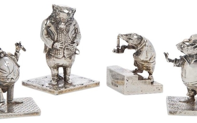 Four â€˜Wind in the Willowsâ€™ characters modelled in silver, by Sarah Jones, London, 1987, each of the four characters â€“ Mole, Rat, Toad and Badger - raised on a silver base and modelled in a different pose, the largest (Badger) 5.7cm high, the...