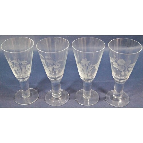 Four large stemmed wines, trumpet shaped bowls with etched d...
