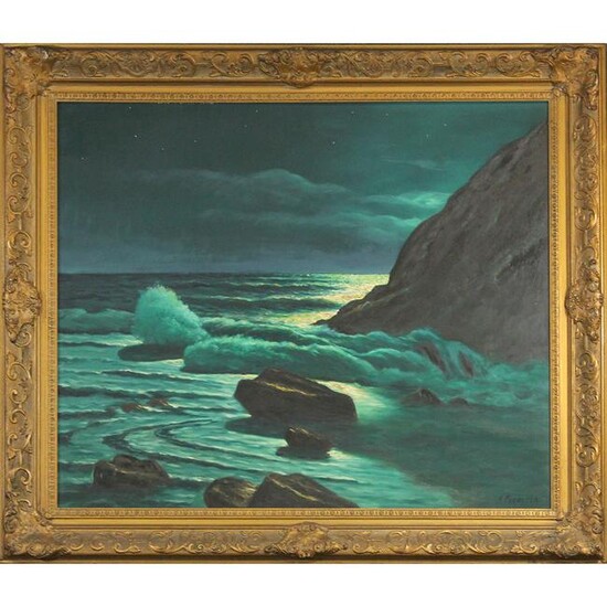 Frank Ferruzza, American Oil/c Moonlit Coastal Painting